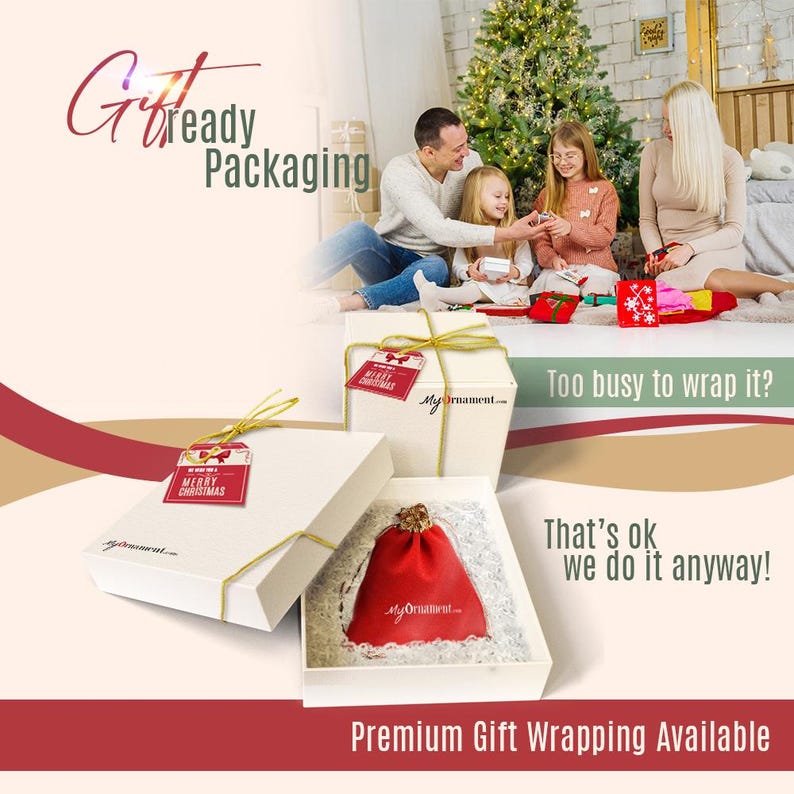 May include: White gift boxes with gold ribbon and "Merry Christmas" tags. A red drawstring bag with a gold closure sits inside an open box. Text reads "Get Ready Packaging" and "Premium Gift Wrapping Available."