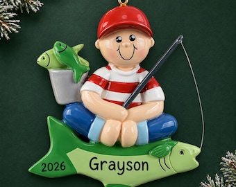 Personalized Fishing Boy Christmas Ornament, Angler with Fish