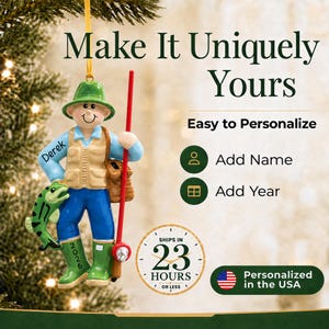 Personalized fly fisherman christmas ornament. Product personalization details.