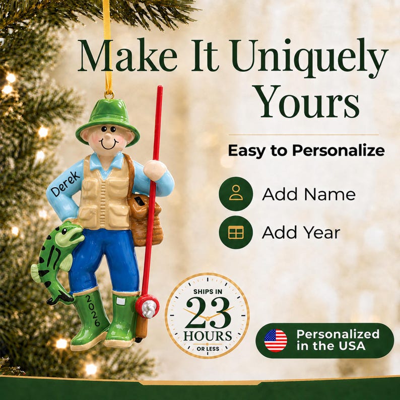 Personalized fly fisherman christmas ornament. Product personalization details.