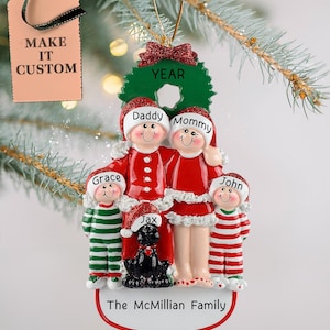 Personalized Family of 4 Christmas Ornament • Christmas Family of Four With Black Dog Ornament • Custom Holiday Family and Dog Gift Ideas