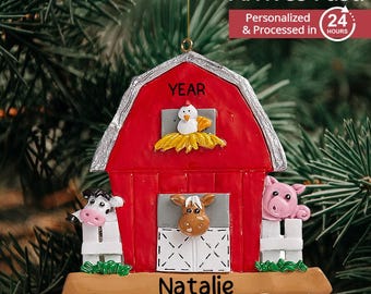 Red Barn Christmas Ornament • Personalized Farm House Animal Ornament Present • Custom Barnyard Gifts for Farm Lovers • Cute Animals on Farm