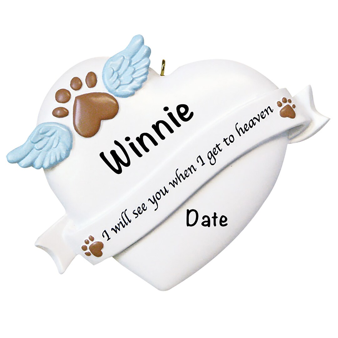Personalized Heart Shaped Dog Memorial Ornament With Wings and Paw Prints, Rainbow Bridge Pet