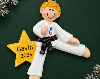 Personalized Blonde Karate Boy Christmas Ornament