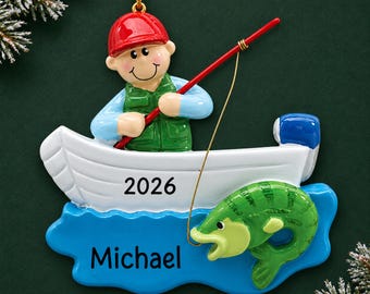 Personalized Fisherman in Boat Christmas Ornament