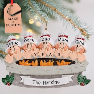 Personalized Fire Pit Family Of 5 Christmas Ornament • Custom Family of Five Decorations • Grandchildren Names, Friends, Grandkids Ornament