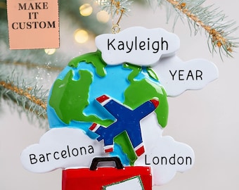 Personalized World Traveler Ornament • Airplane & Globe Keepsake