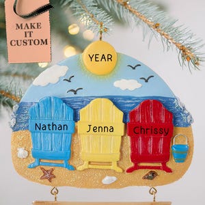 Personalized Beach Chair Ornament • Family Of 3 Christmas Ornament • Custom Adirondack Beach Ornament • Summer Vacation Decor • Friends Gift