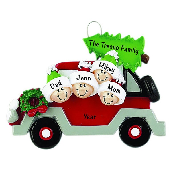Personalized Red Car Christmas Tree Family Of 4, Custom Family of Four Decorations, Road Trip, Travel, Adventure Family Vacation Memory Gift