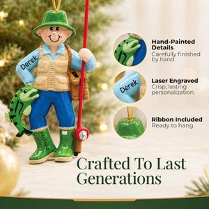 Personalized fly fisherman christmas ornament. Product close-up.