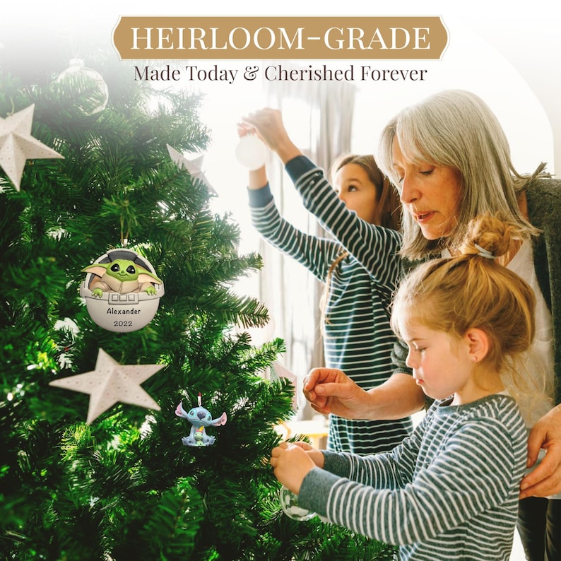 May include: A Christmas tree decorated with ornaments, including a Baby Yoda and Stitch design. The ornaments are personalized with names and the year 2022. The text at the top reads "HEIRLOOM-GRADE Made Today & Cherished Forever."