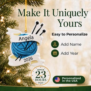 Personalized knitting supplies ornament christmas ornament. Product personalization details.