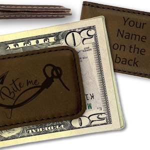 Pinza para billetes de pesca: regalo magnético personalizado para pescadores. Diseño "Bite Me Hook" (anzuelo) y grabado personalizado en la parte trasera.