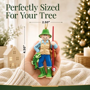 Personalized fly fisherman christmas ornament. Product size and measurements.