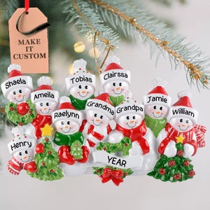 Personalized Snowman Family Of 10 • Custom Snow Family Christmas Ornament • Family Reunion, Grandkids, Grandchildren Names • Family Keepsake