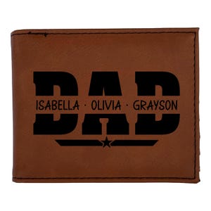 Cartera personalizada para papá: Cartera de cuero personalizada con los nombres de los niños. Regalo para el Día del Padre. Cartera grabada para hombre. Regalo para abuelos, papás y papis.