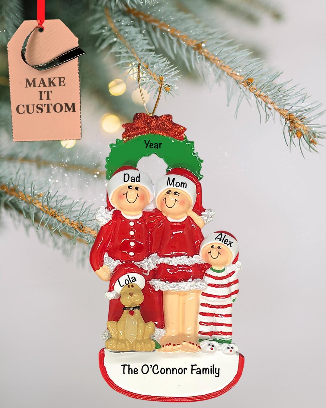 Christmas Pajamas Family of 3 Ornament With Dog • Personalized Family ...