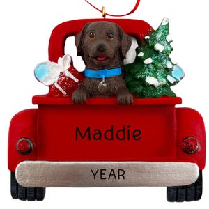 Personalized Dog Ornament • Dog Breed Chocolate Labrador Christmas Present • Custom Gifts for Pet Lovers • Memorial Keepsake • Dog Red Car