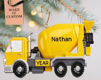 Cement Truck Ornament for Christmas Tree • Personalized Construction Truck Ornaments for Little Boys • Custom Yellow Cement Mixer Toy Gifts