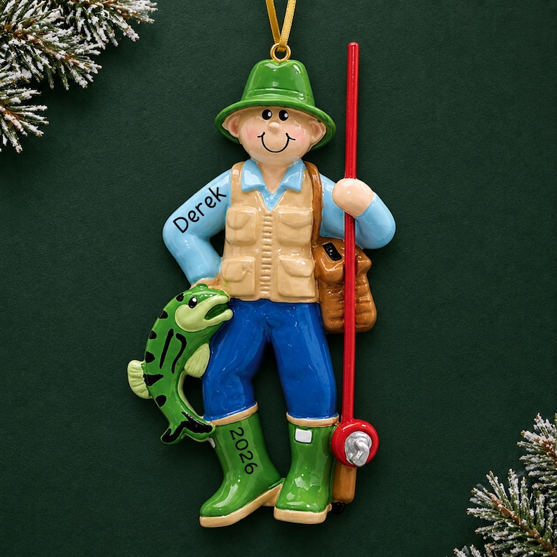 Personalized fly fisherman christmas ornament. Product on dark green background.