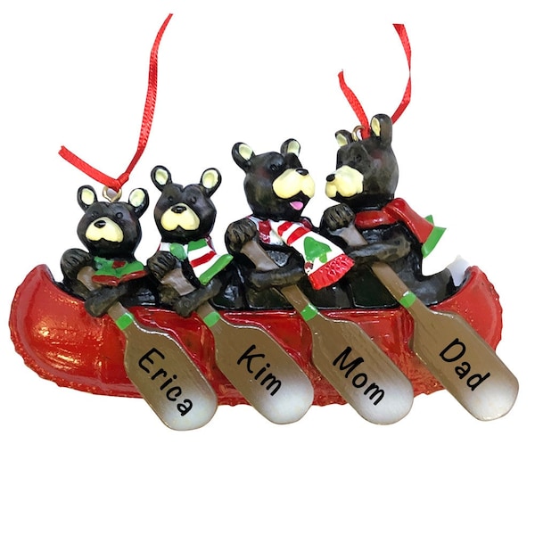 Personalized Black Bear Family Of Four Decorations, Woodland Canoe Ornament, Kayak Decor, Grandparent Gift, Grandkids, Grandchildren Names