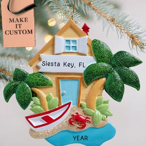 BEACH HOUSE ORNAMENT • Personalized Palm Tree Beach House Decor • Personalized Beach Vacation Ornament • Summer Beach Lover Gifts