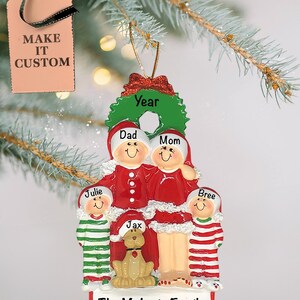 Christmas Pajamas Family Of 4 Ornament With Dog • Personalized Family Ornament with Pet • Custom Family Of Four, Family and Dog Gift Ideas