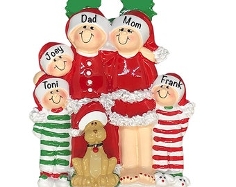 Christmas Pajamas Family Of 5 Christmas Ornament With Dog, Personalized Family Ornament with Pet, Custom Holiday Family Of Five and Dog Gift