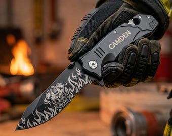 Personalized Firefighter's Tactical Knife, Born in Fire - Custom Handle with Name or Unit - Perfect Gift for Son, Dad, Brother, Graduation