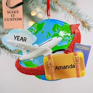 World Traveler Ornament, Personalized Travel Christmas Ornament, Globe Decor, Around the World, Airplane Adventure Gifts, Vacation Keepsake