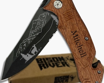 Custom Hunting Pocket Knife – Personalized Engraved Knife for Hunters – Mountain Deer Design – Gift for Grandpa, Father, Dad, Hunter