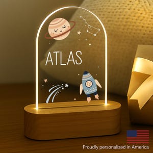 Personalized Space Night Light – Custom Name LED Nursery Lamp with Rocket, Planet & Stars – Baby Shower Gift – Outer Space Room Decor