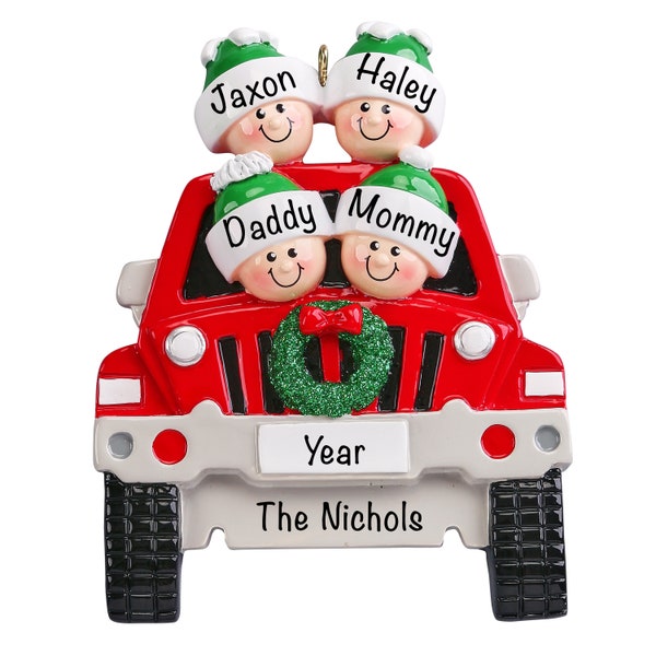 Personalized Red SUV Car Family of 4, Red Truck Family Christmas Tree Ornament, SUV Road Trip Decor, Custom Vacation Gift for Friends