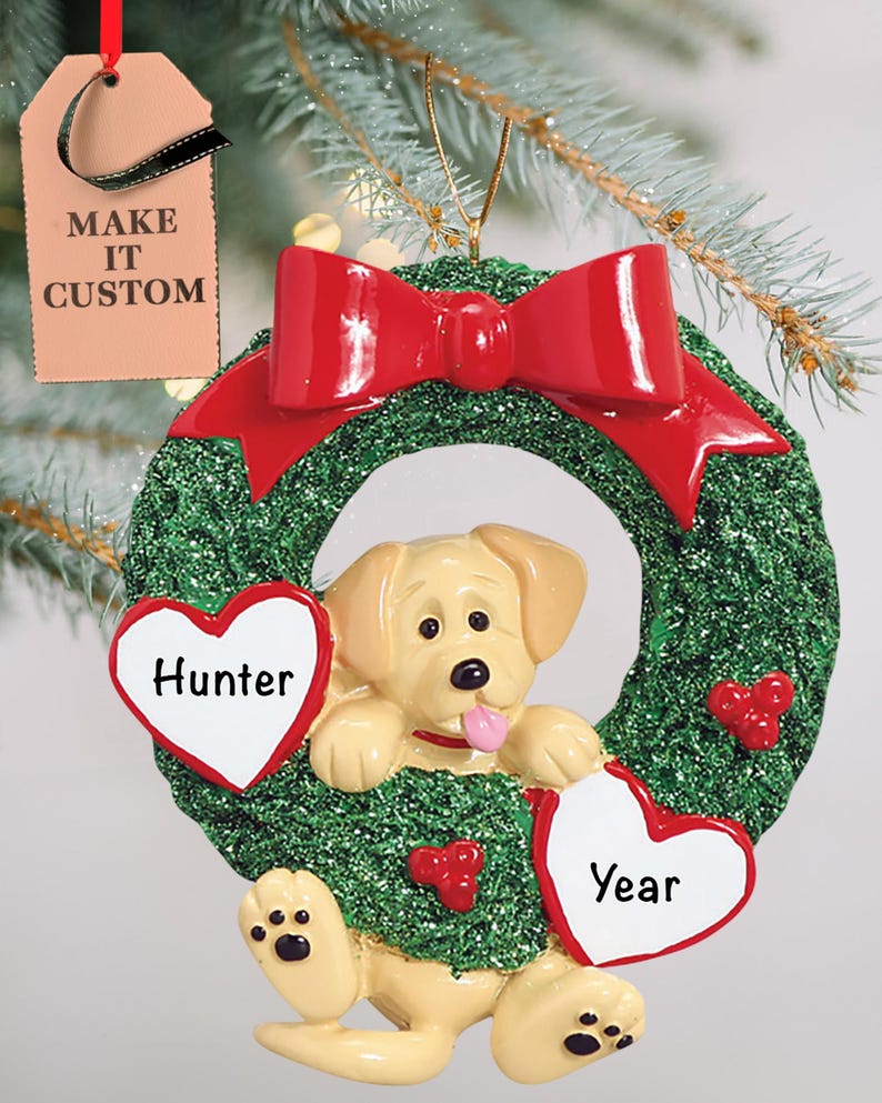 Personalized Yellow Labrador Wreath Christmas Ornament image 1