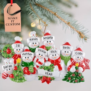 Personalized Snowman Christmas Ornament • Custom Snow Family of 9 Ornament • Large Family Reunion • Nine Grandchildren Names • Snowmen Decor