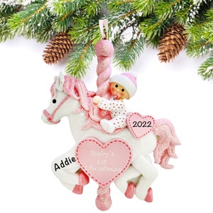 Personalized Baby Girl First Christmas Ornament | Carousel Horse New Baby Girl Gift | Christmas Baby Announcement w/ Newborn Baby Name