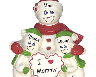 Personalized Single Mom Ornament, Single Parent, Single Mother with Two Children, Snowman Family Of 3 Ornament, Twin Mom, Best Mom Ever Gift