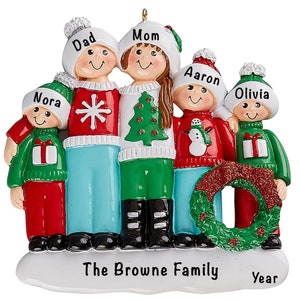 Personalized Ugly Sweater Family Of 5 Ornament, Our First Christmas as Family Of Five Decoration, Family Reunion Decor, Vacation Memory Gift