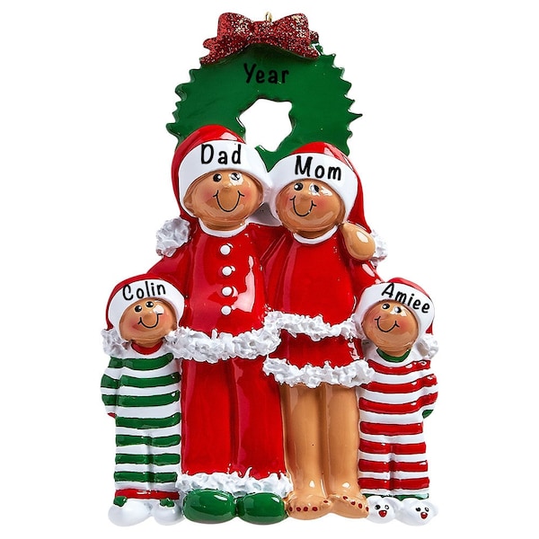 Personalized Christmas Pajamas Family Of Four Decorations, African American Christmas Ornaments, Grandparent, Grandkids, Grandchildren Names