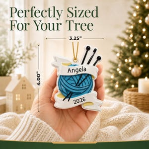 Personalized knitting supplies ornament christmas ornament. Product size and measurements.