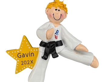 Personalized Karate Ornament • Custom Martial Arts Ornaments for Blonde Boys • Christmas Gift for Black Belters • MMA Kid Sports Ornaments