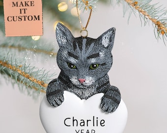 Personalized Gray Tabby Cat Ornament • Custom Pet Memorial Keepsake