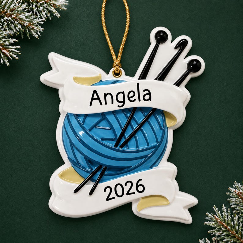 Personalized knitting supplies ornament christmas ornament. Product on dark green background.