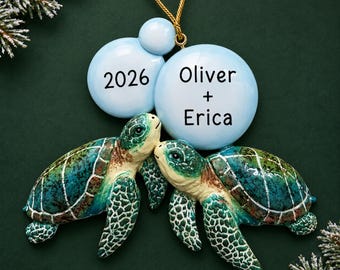 Personalized Sea Turtle Love Ornament •  Custom Sea Animal Christmas Presents • Ocean Themed Holiday Decoration • Best Couple Gift