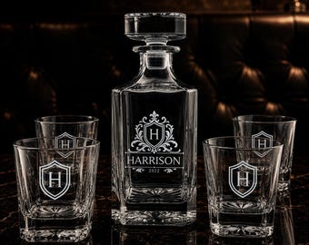 Personalized Whiskey Decanter Set, Custom Engraved Decanter with Glasses, Monogram Crest Bourbon Gift for Men, Wedding, Anniversary, Groom