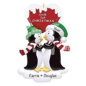 Personalized Our First Christmas Ornament, Custom Penguins Keepsake, Engraved Couple xmas Gift