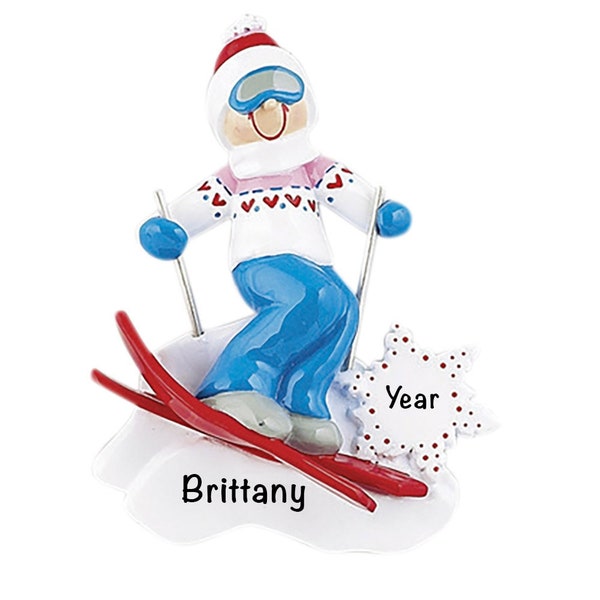 Personalized Girl Ski Ornament, Custom Snow Skiing Gifts for Her, Winter Sport, Family Christmas Vacation Trip Memory, Ski Country Art Decor