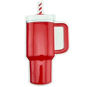 K&ouml;nnte beinhalten: Ein roter Becher mit wei&szlig;em Deckel und Griff, mit einem rot-wei&szlig; gestreiften Strohhalm. Der Becher ist gl&auml;nzend rot und hat eine wei&szlig;e Kontur.