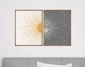 Sun Moon Stars Boho Wall Art Print Digital Download, Set of 2 Celestial Posters, Minimalist Mid Century Modern Wall Decor, Grey Yellow