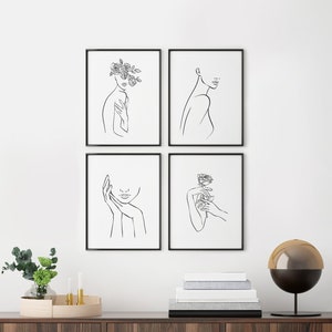 4 Set Minimalist Woman Flower Line Art, PRINTED POSTERS, Black White Female Figure Line Art, Bedroom Wall Art, Beauty Poster Prints